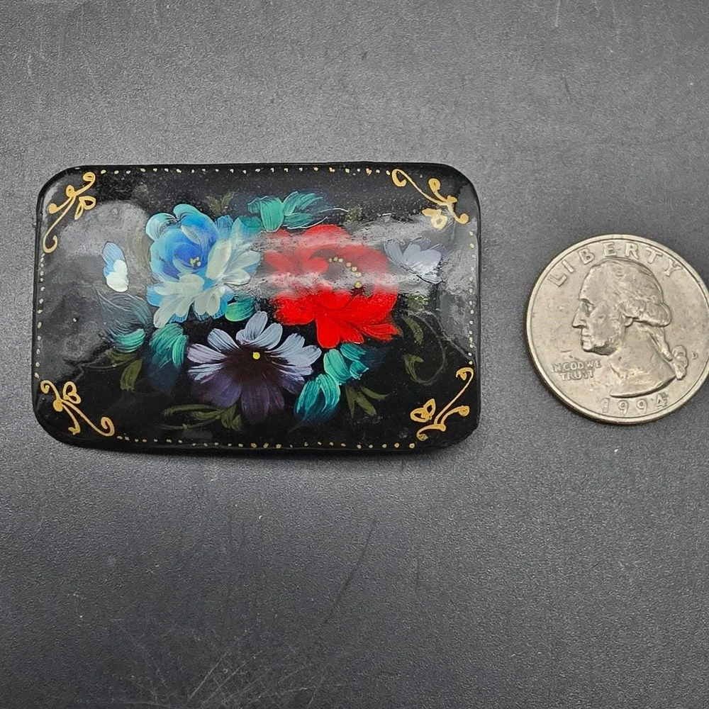 Black Lacquerware Brooch Handpainted Flowers Floral Rectangle Vintage